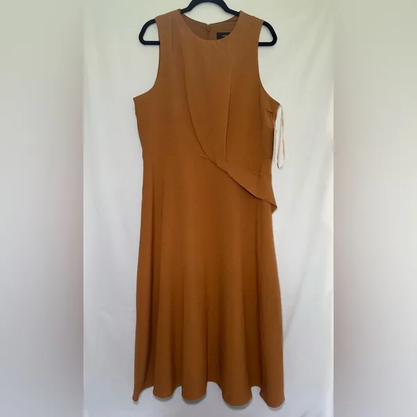 Maia Camel Sleeveless Midi Dress Draped‎ Front Size 14 - Image 3