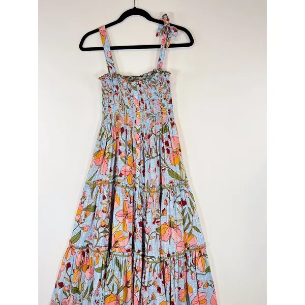 Poupette St Barth Dress Blue Midi Kleid Triny Floral Tank Tiered Smocked Boho XS - Image 7