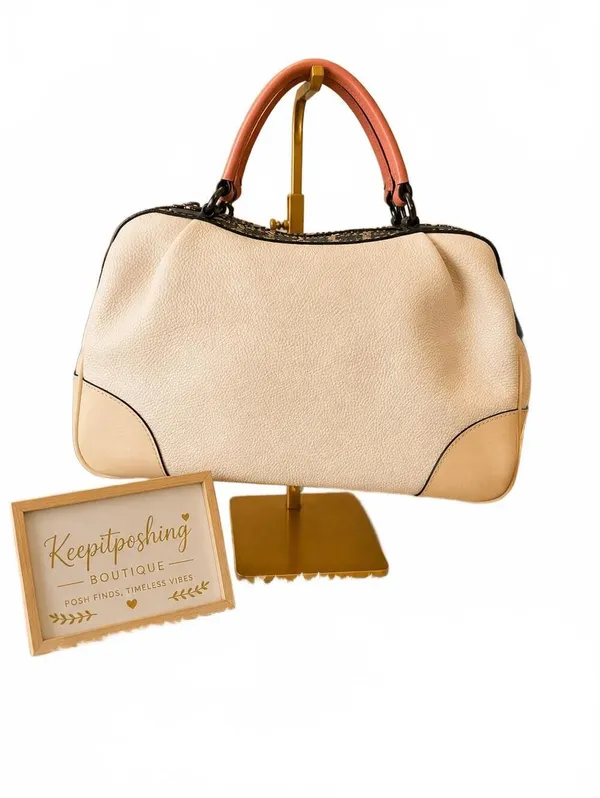 Coach Lane Cream Pebbled Leather Satchel with Coral Handles Snakeskin Detail - Image 3