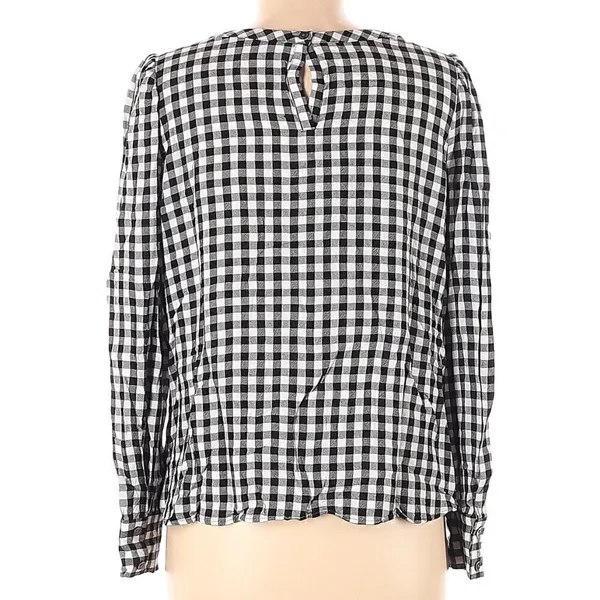 Loft Women's Size XS Blouse Long Puff Sleeve Black White Gingham Crewneck 552579 - Image 2