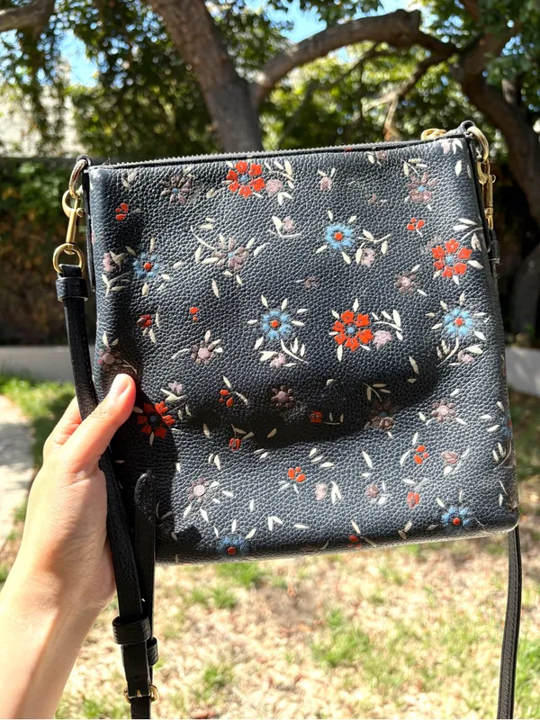 Coach Leather Crossbody Messenger Bag Blue Color With Floral Print Long Strap - Image 2