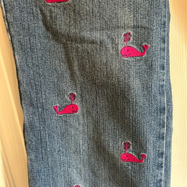 Vintage Lily Pulitzer blue mid rise boot cut jeans size 2 pink whale nautical - Image 3