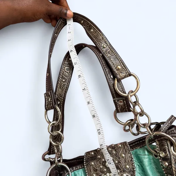 Y2K 2000s Western Mcbling Bimbo Goth Leather Rhinestone Large Buckle Hand Shoulder Bag Purse Preppy bedazzled silver stud blue turquoise brown #cowgirl #whimsygoth #grunge #punk #stagecoach festival Measurement in pics Some distressing see pics - Image 8