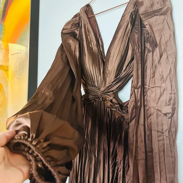 Ieena for Mac Duggal Brown Long Sleeve Pleated Full Skirt Cut Out Sides Gown 6 - Image 7
