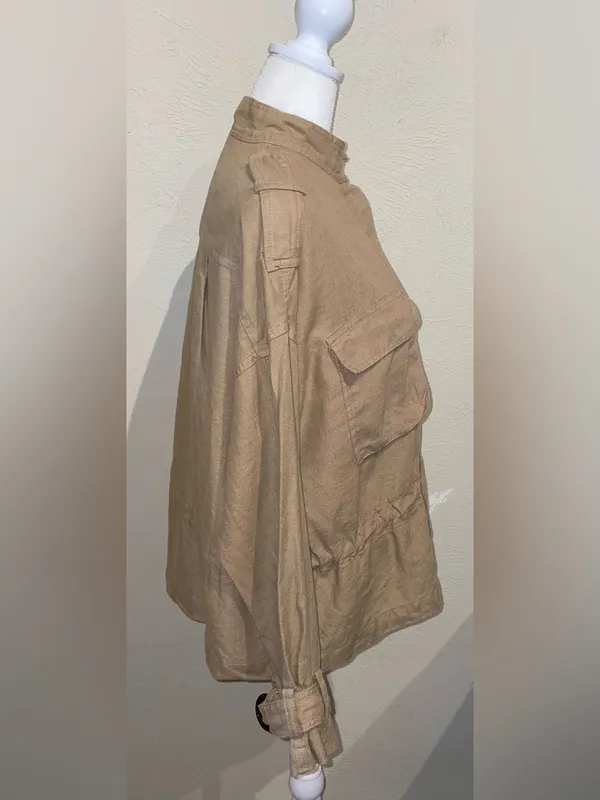Zara Basic Women’s Size XS Tan 100% Linen Jacket Brown Utility Military Safari - Image 9