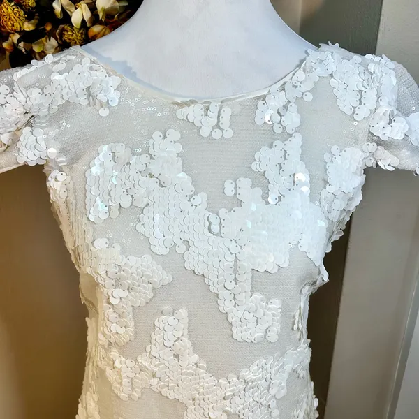 Dress the Population Brooke White Sequin Illusion Mesh Cap Sleeve Dress Sz XS💛 - Image 5