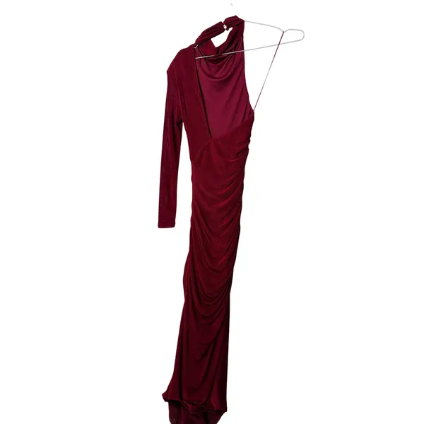 Misha Pauline Dress Wine Red One Shoulder Ruched Maxi Gown Long Sleeve - Image 5