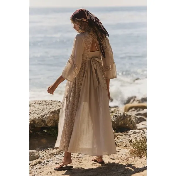 Free People Free-est Starlight Flowy‎ Crochet Maxi Dress Morning Oat Tan NWT S - Image 2