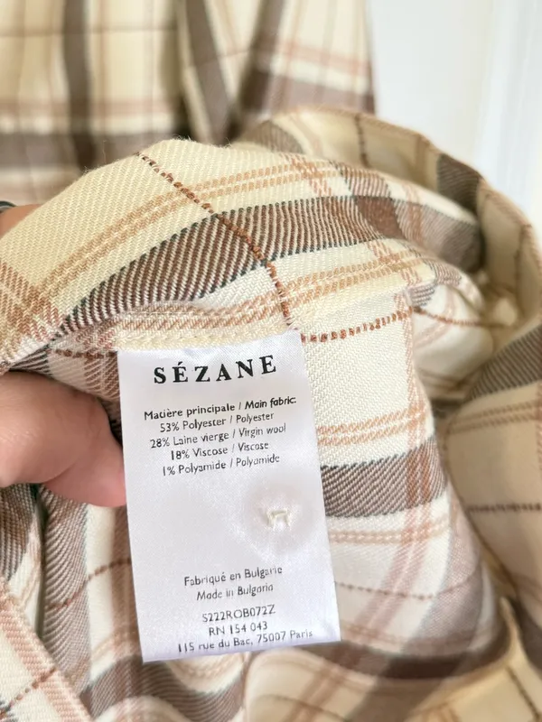Sézane Plaid Ruffle Neck Long Sleeve Dress in Cream and Brown - Image 7