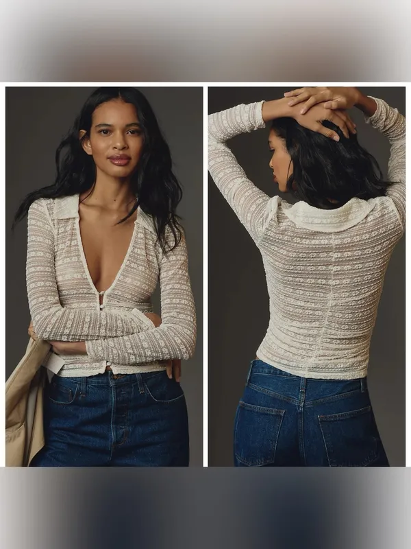 By Anthropologie Long-Sleeve V-Neck Floral Lace Top - Image 2