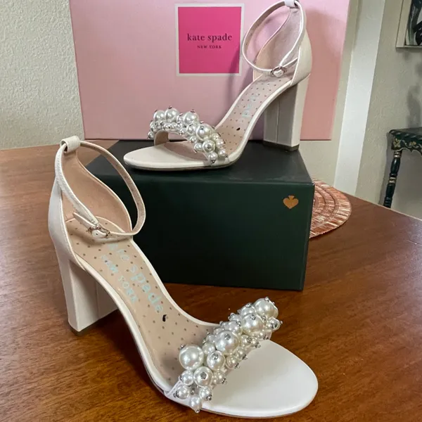 Kate Spade NIB Rosa Pearly Stud Ankle-strap Block Heels Ivory Parchment Size 6.5 - Image 2