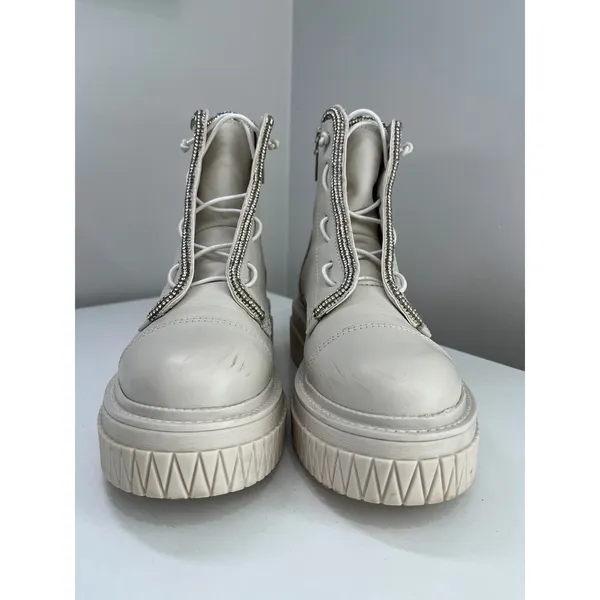 Schutz Amirah White Leather Rhinestone Embellished‎ Platform Combat Boots 6B - Image 8