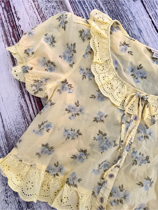 American Eagle Yellow Floral Ruffle Lace-Trim Women's Top - Image 3