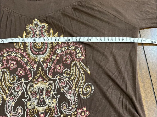 Real Brown Embroidered Boho Tunic Dress Size L Paisley 3/4 Sleeve - Image 7