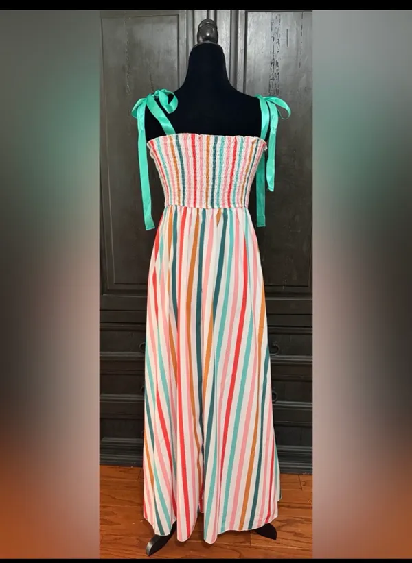 Shein Rainbow colorful Candies Stripe Cami Maxi Dress w-Green Ribbon straps -Small. Super cute, gently warn and excellent condition. Measurements approximately 13” from armpit to armpit x 46.5”” long. Non-smoking home. Priced to sell at as is condition. Don’t like my price, make reasonable offer! - Image 2