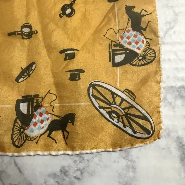 Horse Carriage Yellow Rolled Edges Hand Stitched 17" Square Scarf, 1950s, MCM - Image 6