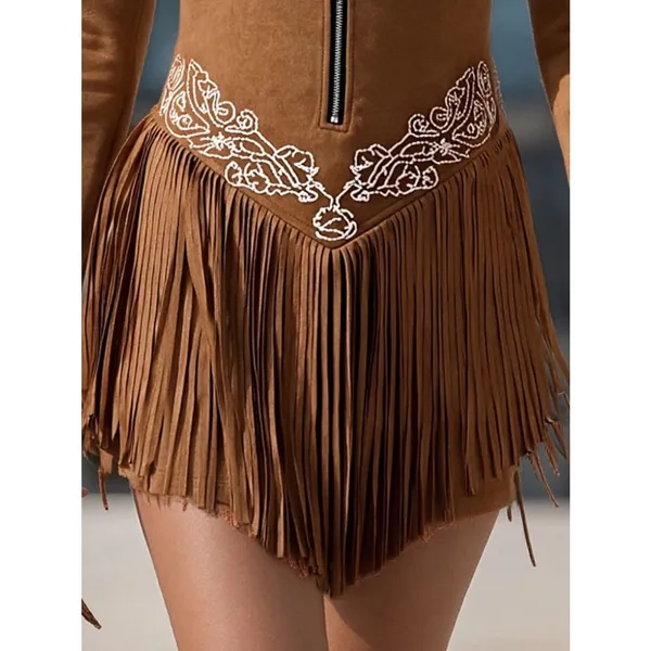 Oyrosy Vintage Western Style Embroidered Tassel LS Suede Mini Dress Brown L NWT - Image 4