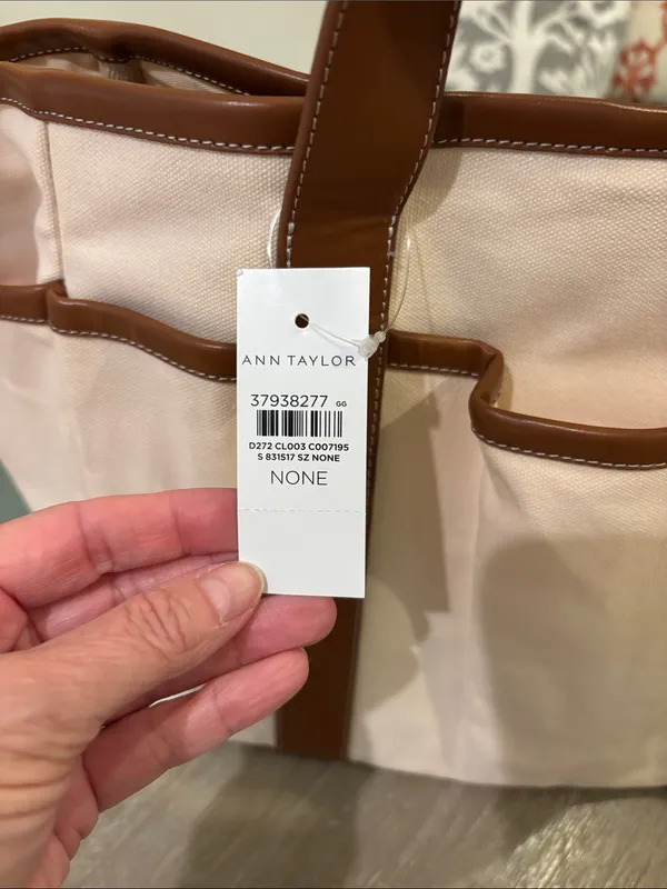 Ann Taylor Blush Canvas Tote with Brown Trim and Handles - Image 2