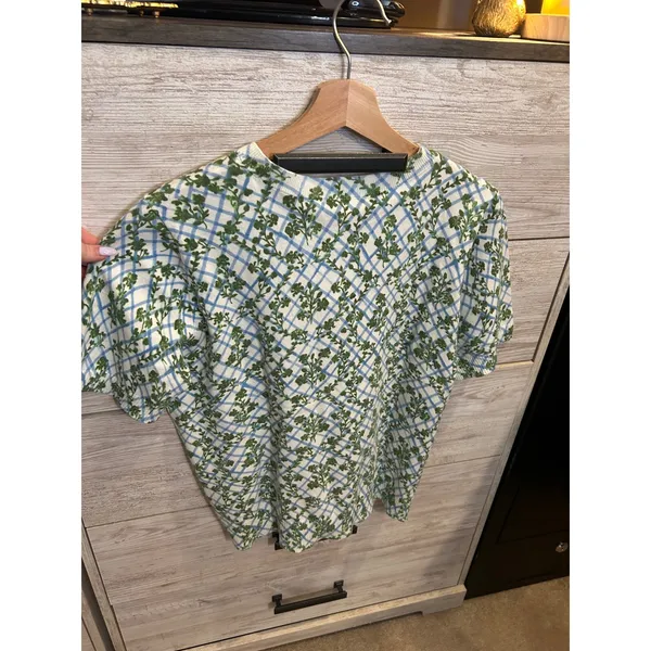 Vince Camuto Womens Green Floral Blue Lattice Short Sleeve Knit Sweater XL NWT - Image 5