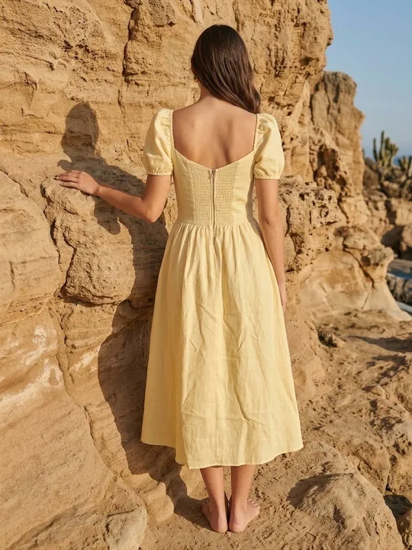 NWT Reformation Davila in Parmesan Yellow Linen Puff Sleeve Midi Dress 8 - Image 2
