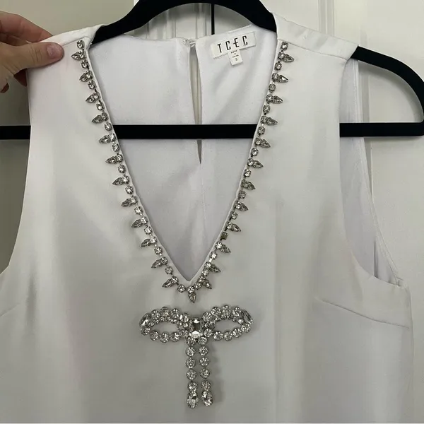 White TCEC Rhinestone Bow Mini Dress - Image 4