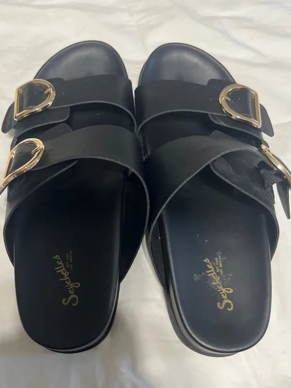 Seychelles Black Double-Buckle Slide Sandals with Gold Buckles - Image 2