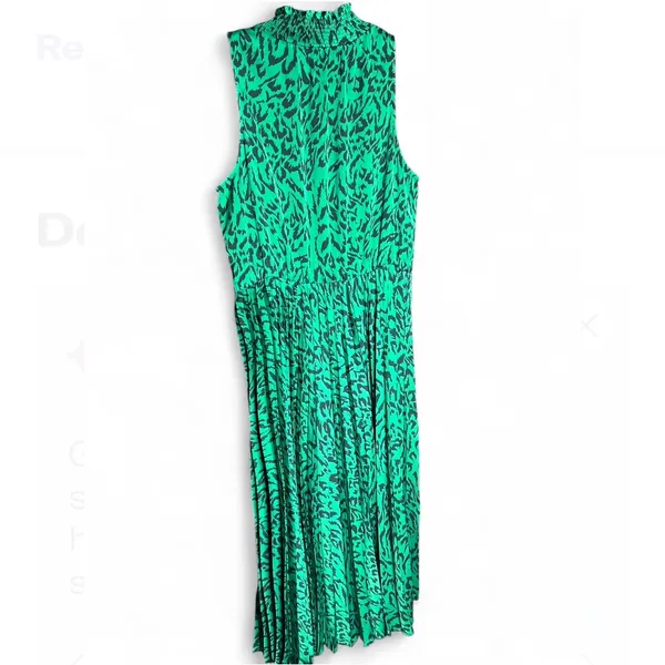 Banana Republic Midi Pleated Dress Green Satin Party Holiday Animal Print size M - Image 3