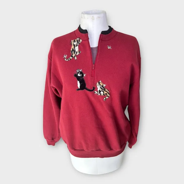 Vintage 90s Cat 3/4 zip Sweatshirt Women's Large L Red Grandmacore Top Stitch - Image 5