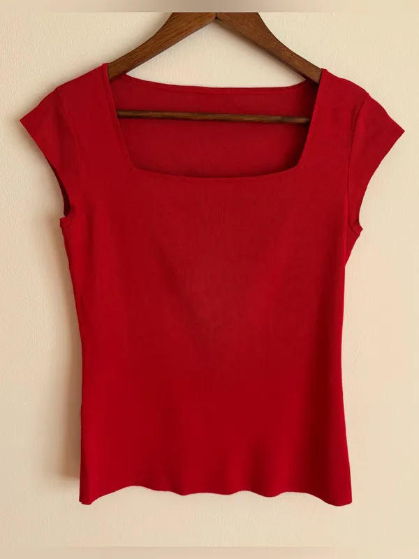 White House Black Market Silk Blend Square Neck Cap Sleeve Knit Top Red Small S - Image 5
