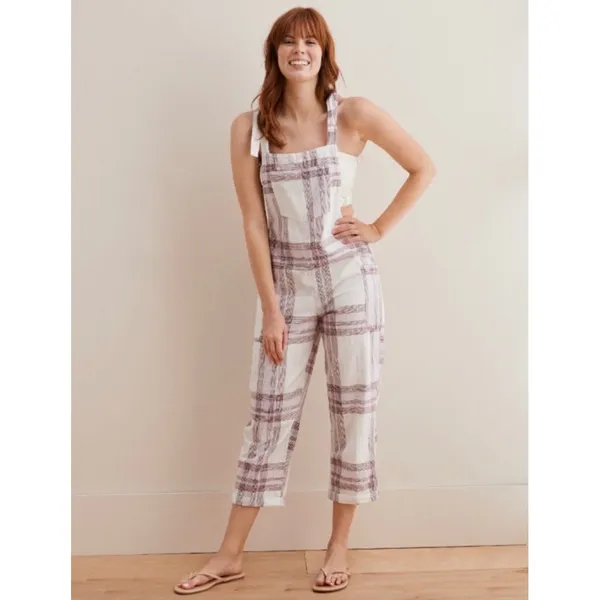 Aerie Womens Plaid Tie Shoulder Bib Overalls Purple White Size Small Relaxed - Image 6