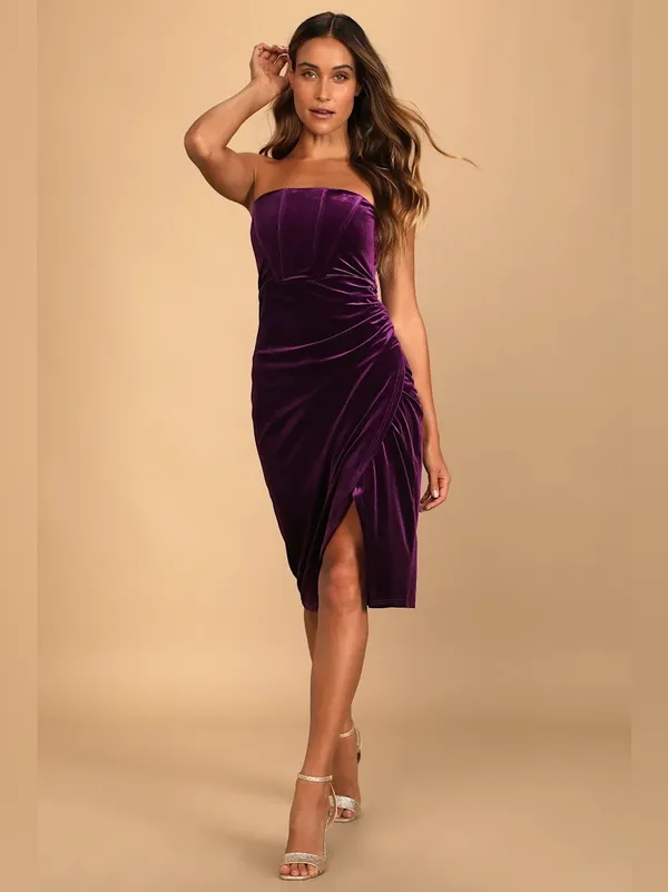 LULUS Glamorous Celebrations Dark Purple Velvet Strapless Tulip Dress, XL - Image 2