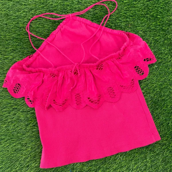 Anthropologie Ruffled Halter Cottage Pink Embroidered Crochet Tank Blouse Top - Image 8
