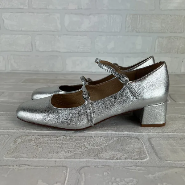 Madewell The Nettie Heeled Mary‎ Jane Womens 8.5 Bright Silver Metallic Leather - Image 7