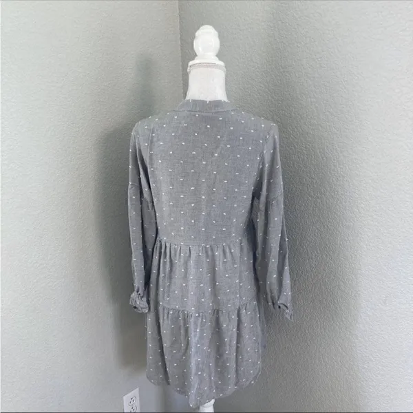 Zara Gray Swiss Dot Long Sleeve V-Neck Tiered Short Casual Dress Size XS - Image 3