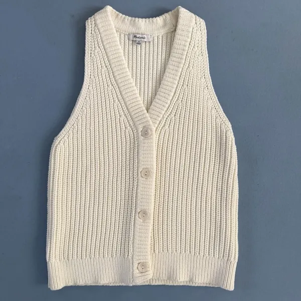 Madewell Cutaway Bright Ivory Knit V Neck‎ Cotton Blend Sweater Vest - Image 3