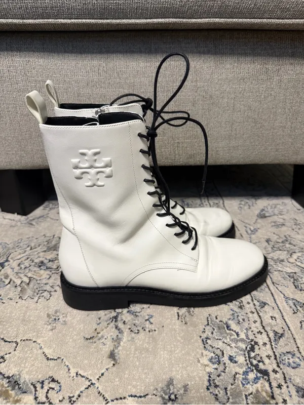 Tory Burch Double-T Combat Boot White Leather - Image 2