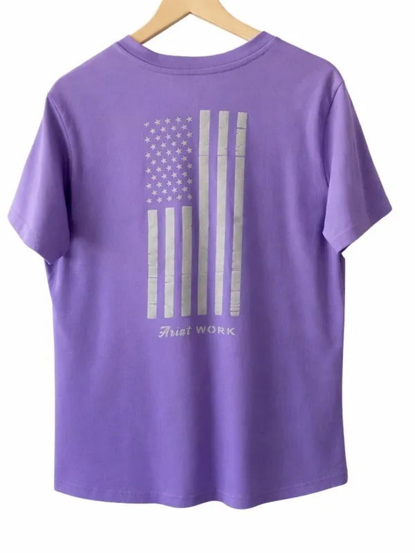 Ariat Rebar Work American Flag Purple V-Neck Tee Women's Large - Image 3