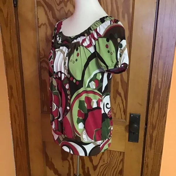 Y2K AB Studio Psychedelic Floral Top Small Retro Mod Puff Sleeve Tunic Blouse - Image 8