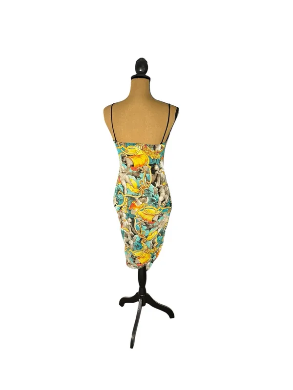 Mesh Corset Mini Dress M Baroque Cherub Art Print Ruched Bodycon - Image 3