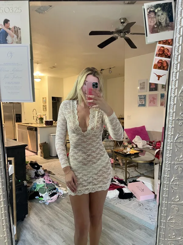 Edikted Sheer Cream Dress - Image 2