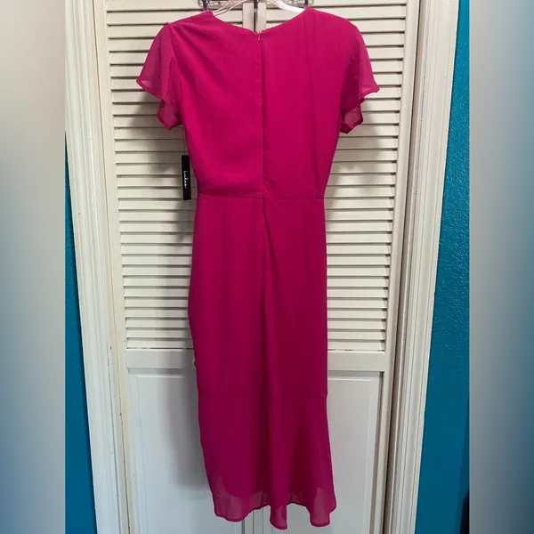 Lulus Maxi Dress Gown Hot Pink‎ Ruffle Cold Shoulder Tie Up Skirt Size XS NEW - Image 5