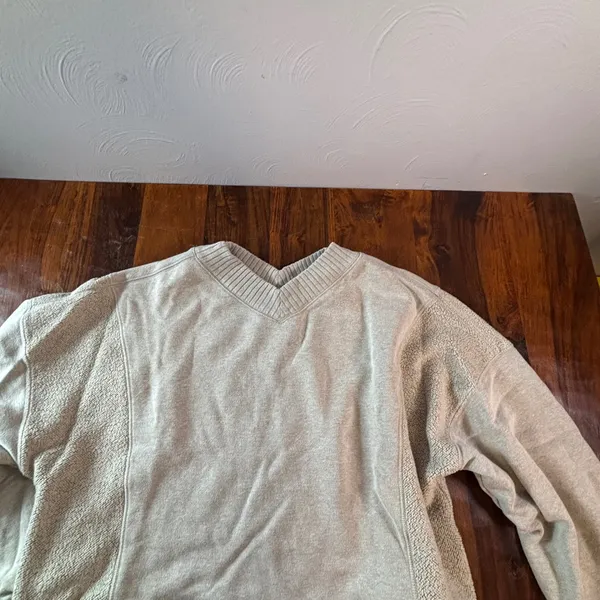 Aerie Womens Oversized V-Neck Sweatshirt Oatmeal Heather Grey Textured Large - Image 8