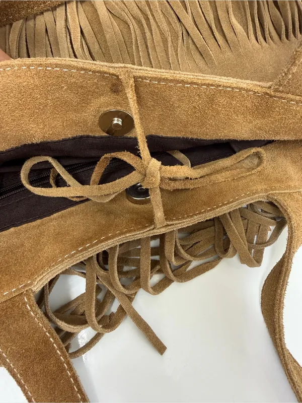 Suede Leather Fringe Shoulder Bag Tan - Image 4