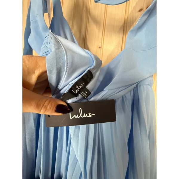 NWT Lulus Celebratory Allure Powder Blue Pleated Backless Maxi Dress Wedding L - Image 8