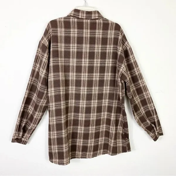 Brown & Cream Plaid Long Sleeve Button Up Flannel Shirt - Image 2