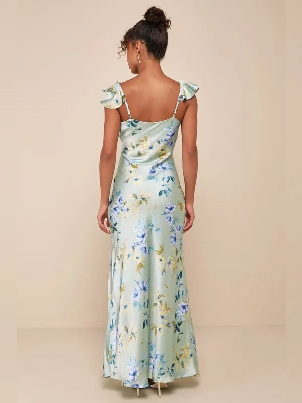LULU’S Captivating Grace Sage Green Floral Satin Ruffled Maxi Dress - Image 5