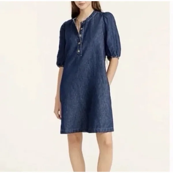 J. Crew Women's Puff-Sleeve Denim Popover Dress Blue Small Cotton Linen Preppy - Image 2
