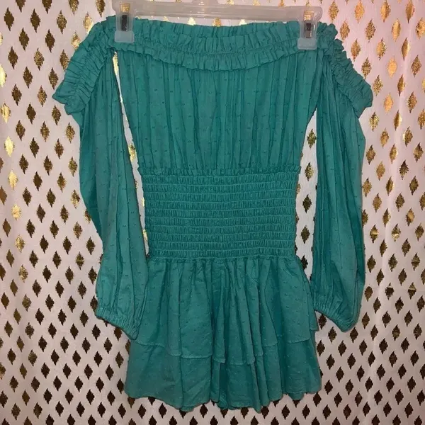 Rays for days mini dress teal blue off shoulder ruched size M - Image 2