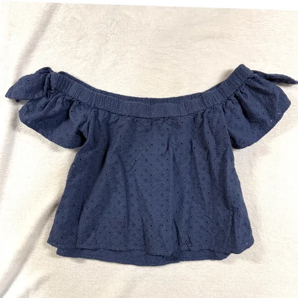 Abercrombie & Fitch S Navy Blue Eyelet Off Shoulder Crop Top Bow Tie Sleeve Boho - Image 2