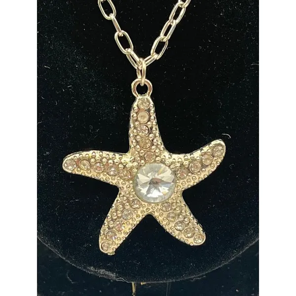 Silvertone Oversized Rhinestone Starfish Pendant On Chain‎ Necklace Mermaidcore - Image 2
